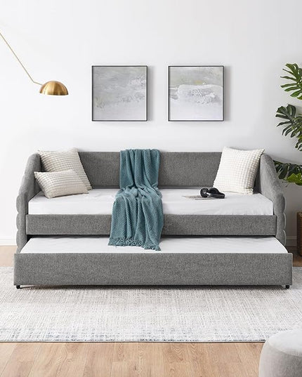 Linen Upholstered Twin Size Daybed with Twin Size Trundle, Solid Wood Tufted Sofa Bed Frame for Bedroom, Guest Room, Dorm, No Box Spring Needed, Space-Saving Design, Grey - LeafyLoom