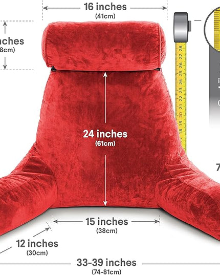 Husband Pillow XXL Red Backrest with Arms - Adult Reading Pillow with Shredded Memory Foam, Ultra-Comfy Removable Microplush Cover & Detachable Neck Roll, Unmatched Support for Bed Rest Sit Up Pillow - LeafyLoom