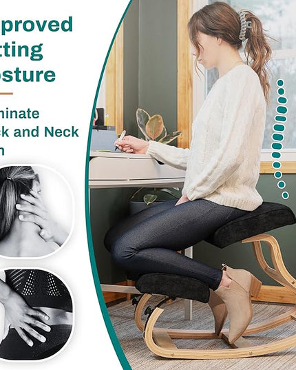 Ergonomic Kneeling Chair - A Rocking Ergo Knee Chair and Wooden Desk Chair designed for Home Office Study and Posture Chair Support, Reduce Neck and Back Pressure - Velvet Black - LeafyLoom