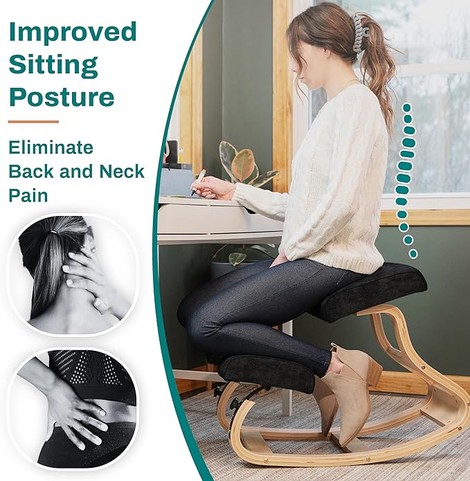 Ergonomic Kneeling Chair - A Rocking Ergo Knee Chair and Wooden Desk Chair designed for Home Office Study and Posture Chair Support, Reduce Neck and Back Pressure - Velvet Black - LeafyLoom
