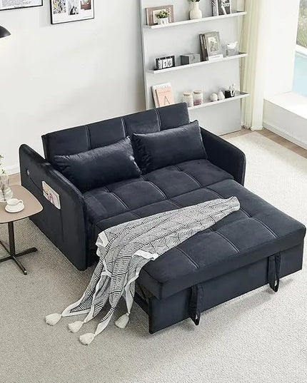 Velvet Tufted Convertible Pull Out Sofa Bed , 3 in 1 Multi-Functional Futon Lounge Chair Sleeper Couch Bed, Pullout Sofá with Adjustable Backrest and USB Ports for Living Room Small Space Apartment - LeafyLoom