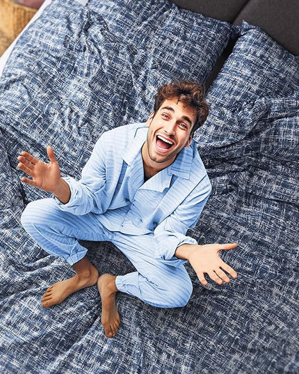 Hyde Lane Blue Full/Queen Comforter Set for Men, Modern Farmhouse Aesthetic Soft Bedding, Masculine Plaid Lines Pattern Bed Sets for All Season, 3 Pieces includes 1 Comforter, 2 Shams (90"x 90") - LeafyLoom