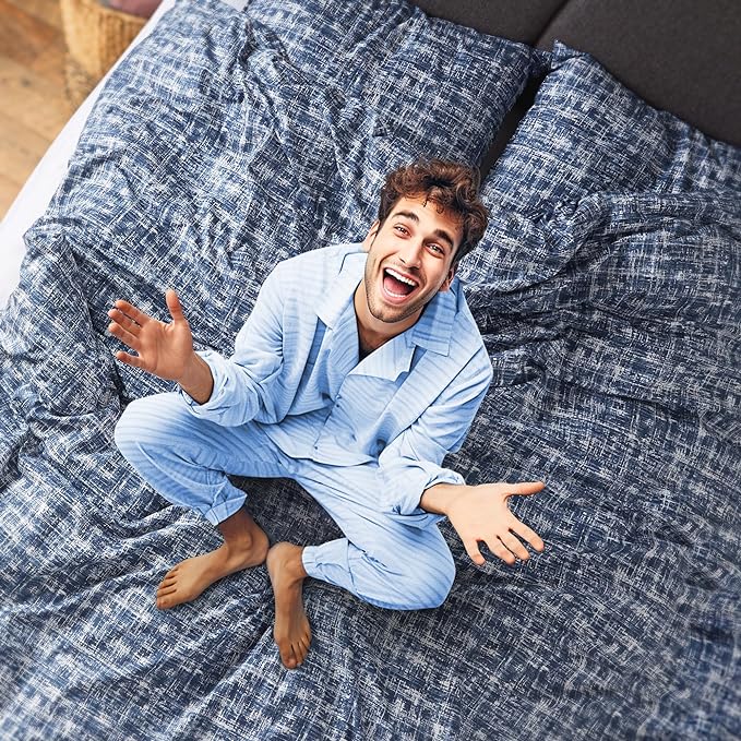 Hyde Lane Blue Full/Queen Comforter Set for Men, Modern Farmhouse Aesthetic Soft Bedding, Masculine Plaid Lines Pattern Bed Sets for All Season, 3 Pieces includes 1 Comforter, 2 Shams (90"x 90") - LeafyLoom