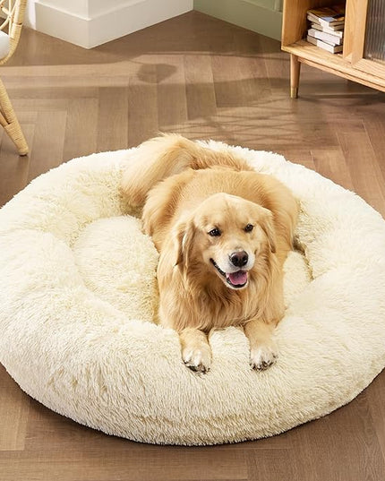 Bedsure Calming Dog Bed for Extra Large Dogs - Donut Washable Large Pet Bed, Anti-Slip Round Fluffy Plush Faux Fur Dog Bed, Fits up to 125 lbs Pets, Oat Milk, 45 inches BEDSURE