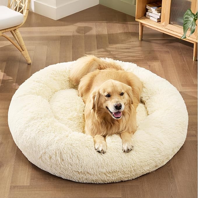 Bedsure Calming Dog Bed for Extra Large Dogs - Donut Washable Large Pet Bed, Anti-Slip Round Fluffy Plush Faux Fur Dog Bed, Fits up to 125 lbs Pets, Oat Milk, 45 inches BEDSURE