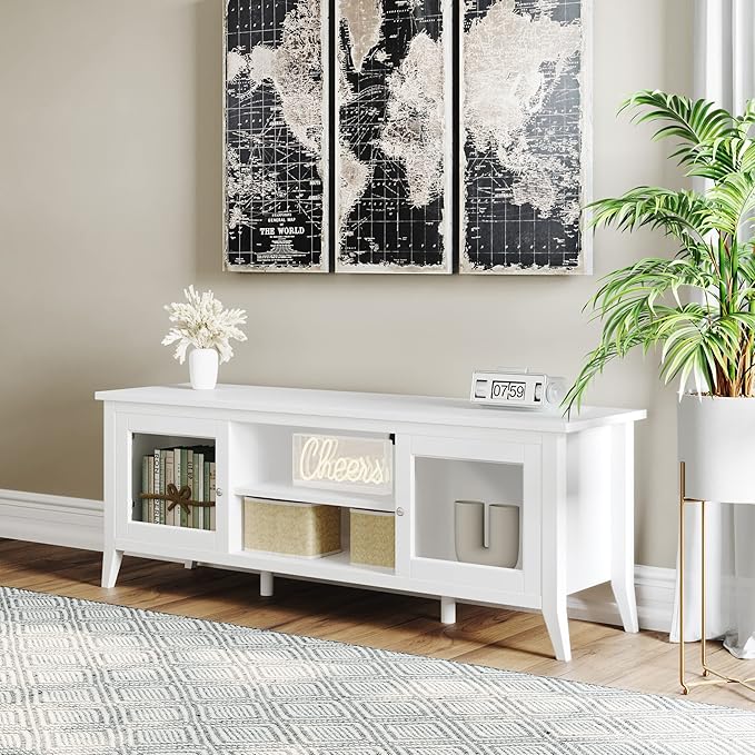 Lavish Home TV Stand-55-inch Storage Cabinet with 2 Cubbies and 2 Shelves-Entertainment Center for Living Room, Bedroom, or Entryway, 55", White - LeafyLoom