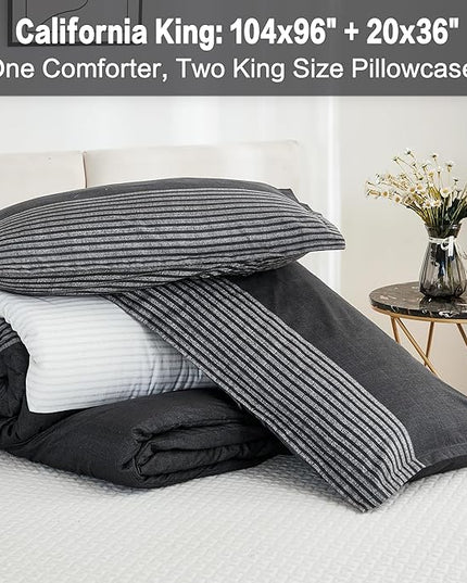 Litanika California King Comforter Set Black White Grey - 3 Pieces Cal King Oversized Lightweight Colorblock Stripe Bedding Set (104x96In, 2 Pillowcases) - LeafyLoom