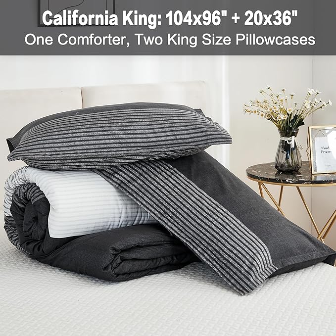 Litanika California King Comforter Set Black White Grey - 3 Pieces Cal King Oversized Lightweight Colorblock Stripe Bedding Set (104x96In, 2 Pillowcases) - LeafyLoom