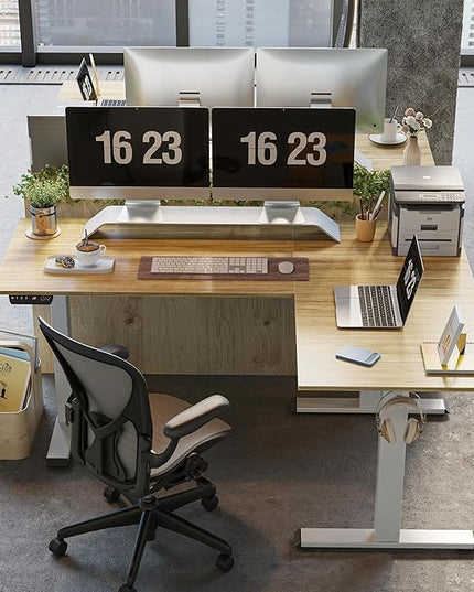 FEZIBO Triple Motor L-Shaped Electric Standing Desk, 63 Inches Height Adjustable Stand up Corner Desk, Sit Stand Workstation with Splice Board, White Frame/Natural Top - LeafyLoom