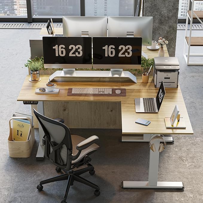 FEZIBO Triple Motor L-Shaped Electric Standing Desk, 63 Inches Height Adjustable Stand up Corner Desk, Sit Stand Workstation with Splice Board, White Frame/Natural Top - LeafyLoom