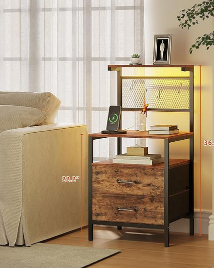 Tall Nightstand with Charging Station and LED Lights, Night Stand with Fabric Drawers, Bedside Table 36.4 Inch with Storage Shelves, Side Table, Mesh Shelves with Metal Hooks, Rustic Brown - LeafyLoom