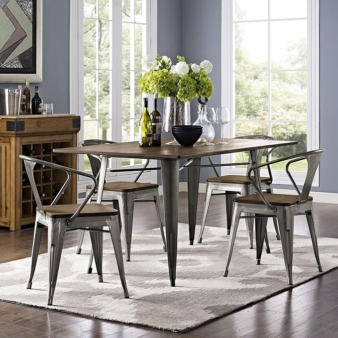 Modway Alacrity 59" Rustic Modern Farmhouse Wood Rectangle Dining Table with Steel Legs in Brown - LeafyLoom