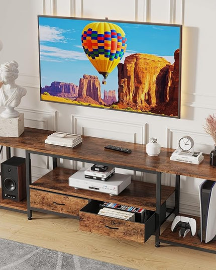 TV Stand with Fabric Drawers for 65 70 75 Inches TV - Entertainment Center and Industrial TV Console Table with Open Storage Shelves for Living Room, Bedroom - 63" Rustic Brown - LeafyLoom