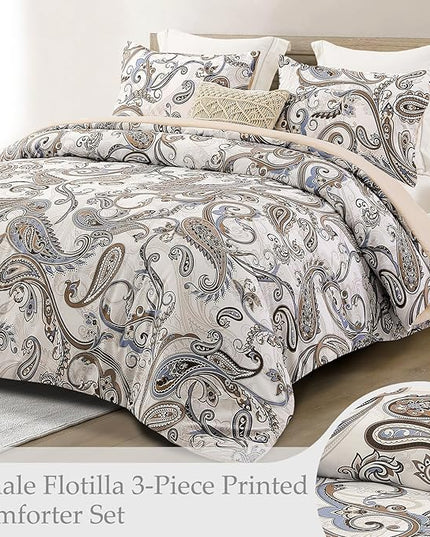 Whale Flotilla Queen Full Comforter Set, Soft Reversible Beige Bedding Comforter Set with Pailsey Pattern, 1 Micoriber Printed Comforter and 2 Pillow Shams, 3 Pieces - LeafyLoom