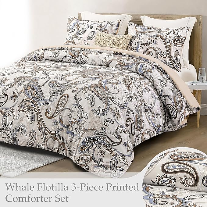 Whale Flotilla King Comforter Set, Soft Reversible Beige Bedding Comforter Set with Pailsey Pattern, 1 Micoriber Printed Comforter and 2 Pillow Shams, 3 Pieces - LeafyLoom