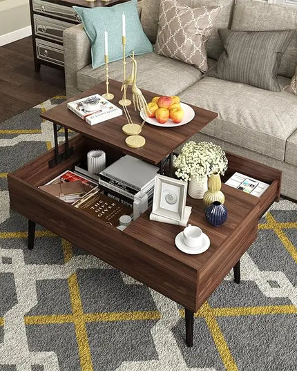 HAIOOU Lift Top Coffee Table, Mid Century Modern Coffee Tables with Drawer for Living Room, Open Storage Shelf, Walnut Cocktail Table TV Stand with Stable Pine Leg Anti-Scratching, Home, Office - LeafyLoom