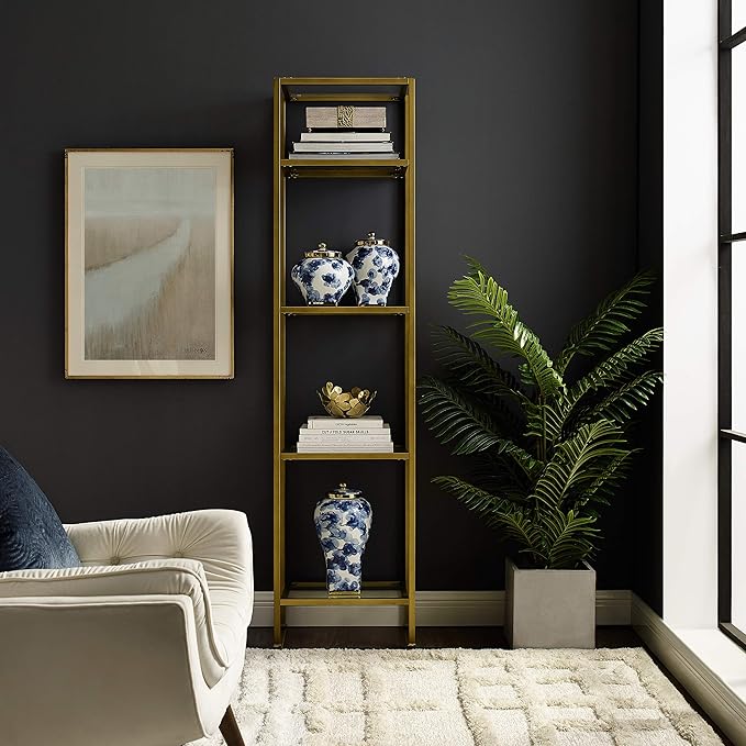 Crosley Furniture Aimee Narrow Etagere Bookcase - Gold and Glass - LeafyLoom