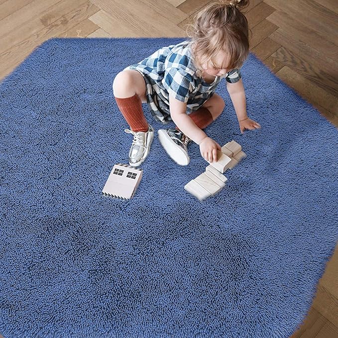 junovo Ultra Soft Rug for Nursery Children Room Baby Room Home Decor Dormitory Hexagon Carpet for Playhouse Princess Tent Kids Play Castle, Diameter 4.6 ft, Navy Blue - LeafyLoom