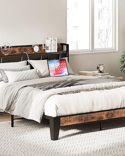 LIKIMIO Full Size Bed Frame, Storage Headboard with Charging Station, Solid and Stable, Noise Free, No Box Spring Needed, Easy Assembly (Vintage and Black) - LeafyLoom