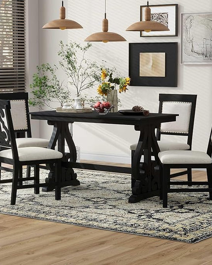 Merax Retro Design 5-Piece Dining Set for Kitchen, Small Spaces, Apartment Four Linen Upholstered Seats with Backrest, 52" Rectangular Table+4 Chairs, Black - LeafyLoom