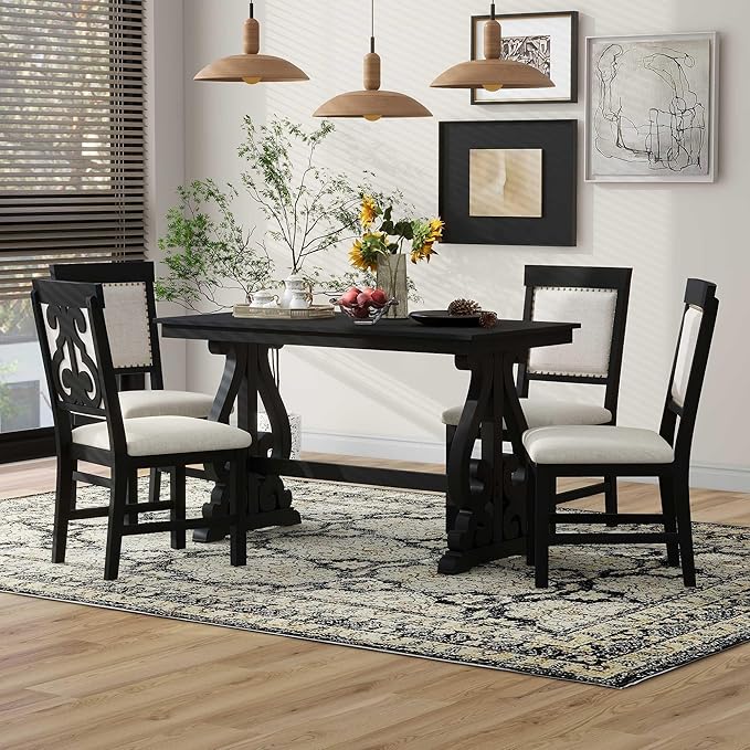 Merax Retro Design 5-Piece Dining Set for Kitchen, Small Spaces, Apartment Four Linen Upholstered Seats with Backrest, 52" Rectangular Table+4 Chairs, Black - LeafyLoom
