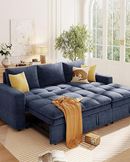 89'' L Shaped Upholstered Convertible Sleeper Sectional Sofa with Storage Chaise and Pull-Out Bed, 3-Seat Reversible Corner Couches for Living Rooms, Offices, Apartment, Blue, 89 Inch - LeafyLoom