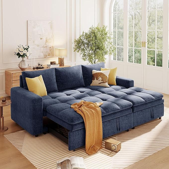 89'' L Shaped Upholstered Convertible Sleeper Sectional Sofa with Storage Chaise and Pull-Out Bed, 3-Seat Reversible Corner Couches for Living Rooms, Offices, Apartment, Blue, 89 Inch - LeafyLoom
