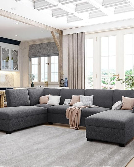 116.9" Modern Large U-Shape Sectional Sofa with Double Extra Wide Chaise Lounge, 4 Seat Oversized Upholstered Couch for Apartment, Home, Office, Living Room Furniture, Gray, 116.9 Inch - LeafyLoom