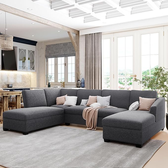 116.9" Modern Large U-Shape Sectional Sofa with Double Extra Wide Chaise Lounge, 4 Seat Oversized Upholstered Couch for Apartment, Home, Office, Living Room Furniture, Gray, 116.9 Inch - LeafyLoom