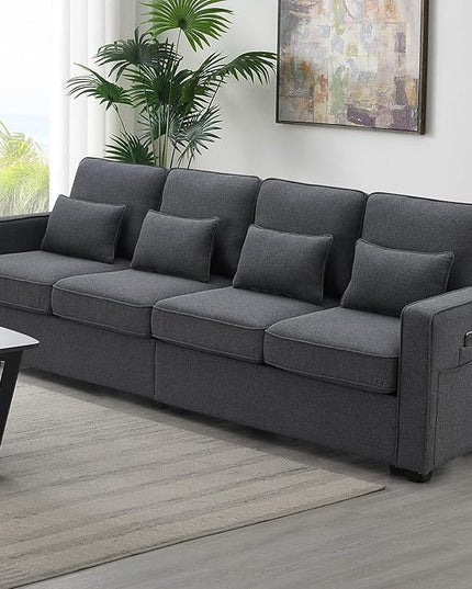104" Modern Sofa, 4-seat Couch with Armrest Pockets and 4 Pillows for Living Room, Apartment, 104inch, Dark Gray - LeafyLoom