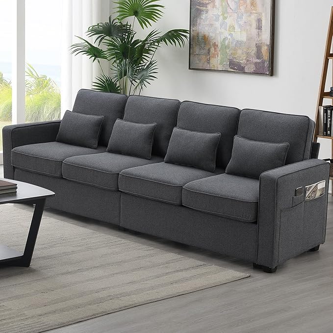 104" Modern Sofa, 4-seat Couch with Armrest Pockets and 4 Pillows for Living Room, Apartment, 104inch, Dark Gray - LeafyLoom