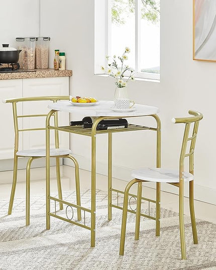 VECELO 3-Piece Dining Table Set for Kitchen Breakfast Nook, Wood Grain Oval Tabletop and Metal Frame with Built-in Wine Rack, for Small Spaces, 31.5", White & Gold - LeafyLoom