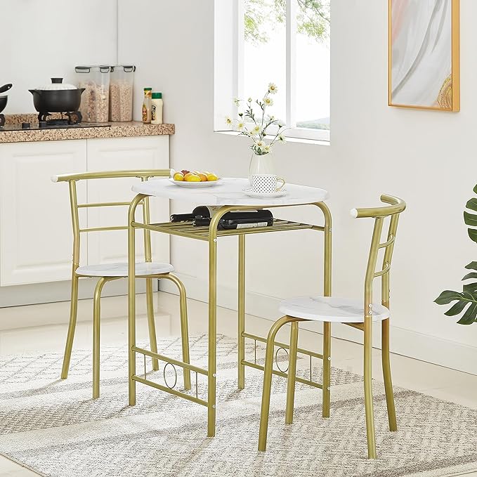 VECELO 3-Piece Dining Table Set for Kitchen Breakfast Nook, Wood Grain Oval Tabletop and Metal Frame with Built-in Wine Rack, for Small Spaces, 31.5", White & Gold - LeafyLoom