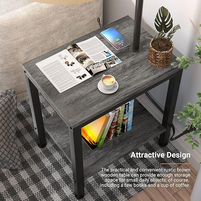 LED Floor Lamp with Table - End Table with USB Charging Port, Power Outlet, Bedside Nightstand Shelves, Side Table with Reading Standing Light for Living Room, Black Oak, Bulb Included, 2 Pack - LeafyLoom