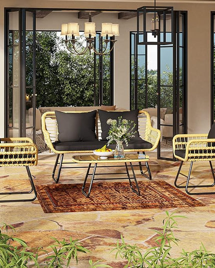 YITAHOME 4-Piece Patio Furniture Wicker Outdoor Bistro Set, All-Weather Rattan Conversation Loveseat Chairs for Backyard, Balcony and Deck with Soft Cushions and Metal Table (Light Brown+black) - LeafyLoom