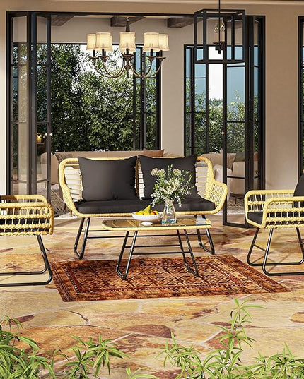 YITAHOME Patio Furniture Wicker Outdoor Bistro Set, 4-Piece All Weather Patio Furniture Rattan Conversation Loveseat Sets for Backyard, Balcony and Deck, Light Brown+Black - LeafyLoom