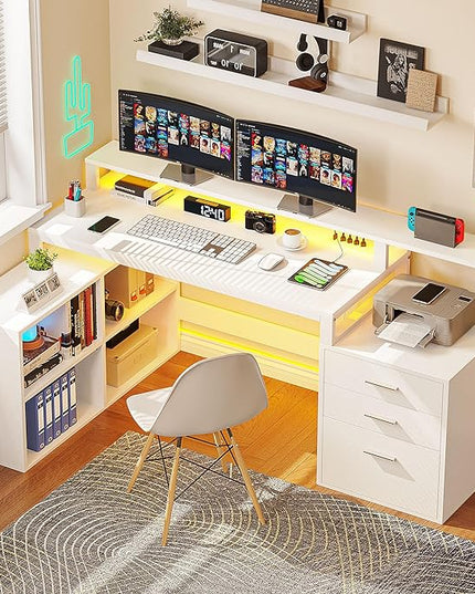 YITAHOME L Shaped Desk with 3 Drawers, 65" Corner Computer Desk with Power Outlets & LED Lights, L-Shaped Desk with File Cabinet & Printer Stand for Home Office, White - LeafyLoom