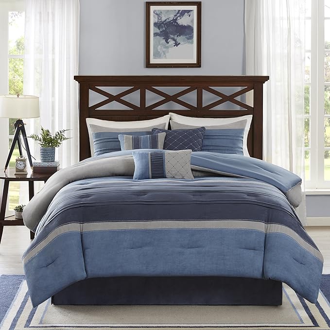 Madison Park Cozy Comforter Set Casual Modern Design All Season, Matching Bed Skirt, Decorative Pillows, Queen, Collins Blue/Grey, 7 Piece - LeafyLoom