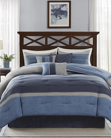 Madison Park Cozy Comforter Set Casual Modern Design - All Season Bedding, Matching Bed Skirt, Decorative Pillows, Collins, Suede Blue Grey King(104"x92") 7 Piece - LeafyLoom