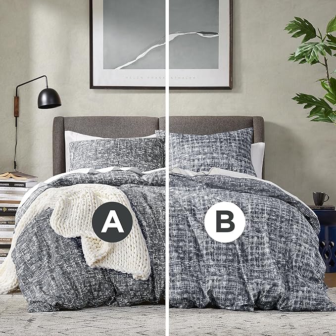 Hyde Lane Mens Full/Queen Comforter Set, Grey Modern Farmhouse Aesthetic Soft masculine Bedding, Plaid Lines Pattern Bed Sets for All Season, 3 Pieces includes 1 Comforter, 2 Shams (90"x 90") - LeafyLoom
