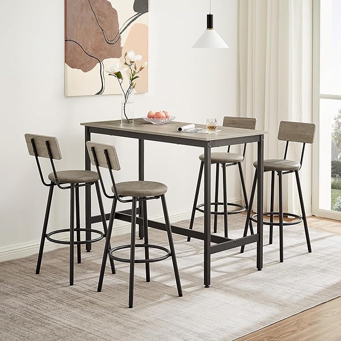 NicBex Dining Room Table Set for 4 Breakfast Nook Table Set Pub High Dining Table 5 Piece Set with 4 Pu Leather Bar Chairs for Kitchen Dining Room, Industrial Style, Grey - LeafyLoom