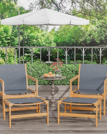 Greesum 4 Piece Furniture Outdoor Acacia Wood Chair with Ottoman for Porch, Balcony, Deck, Patio, Backyard, Gray - LeafyLoom