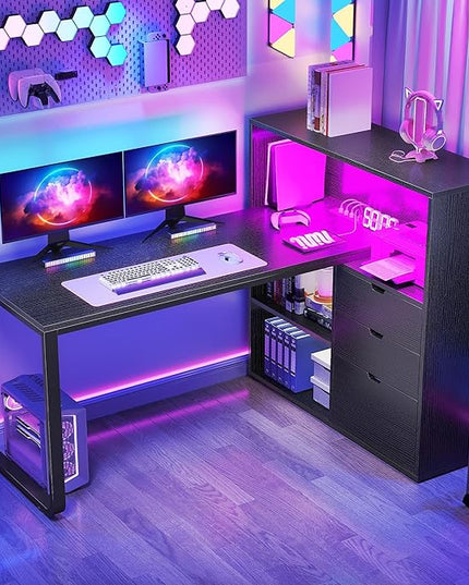 DWVO L Shaped Desk with Drawers, 55" Corner Computer Desk with Bookshelf & Power Outlets & LED Lights, Home Office Desk with Storage Shelves, Black - LeafyLoom