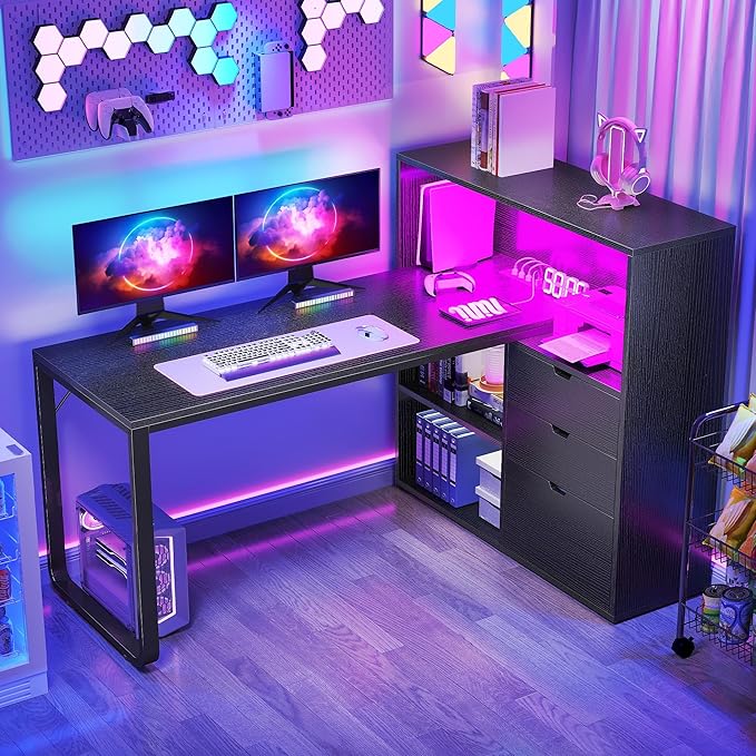 DWVO L Shaped Desk with Drawers, 55" Corner Computer Desk with Bookshelf & Power Outlets & LED Lights, Home Office Desk with Storage Shelves, Black - LeafyLoom