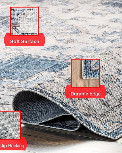 nuLOOM Dania Machine Washable Medallion Ultra Thin Runner Rug, 2' 6" x 8', Navy - LeafyLoom