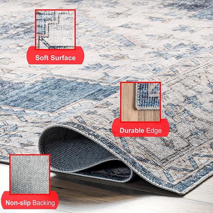 nuLOOM Dania Machine Washable Medallion Ultra Thin Area Rug, 4' x 6', Navy - LeafyLoom