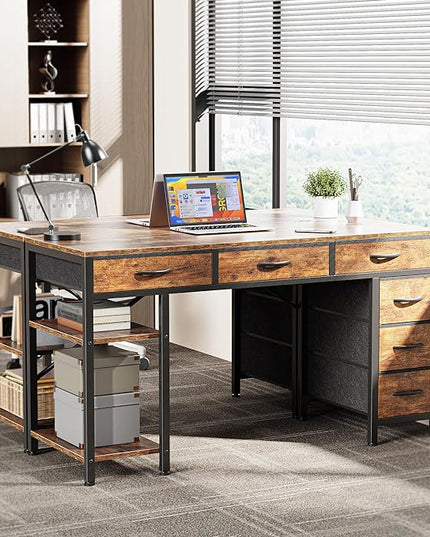Computer Desk with 6 Drawers, 47 Inch Office Desk with Shelves, Reversible Gaming Desk, Corner Desk with Storage, Work Desk for Home Office, Study, Living Room, Rustic Brown - LeafyLoom
