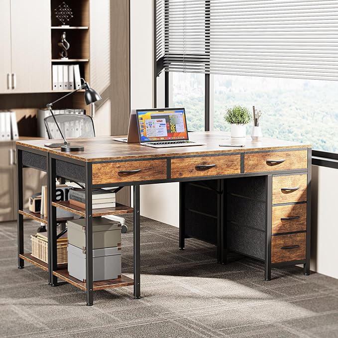 Computer Desk with 6 Drawers, 47 Inch Office Desk with Shelves, Reversible Gaming Desk, Corner Desk with Storage, Work Desk for Home Office, Study, Living Room, Rustic Brown - LeafyLoom