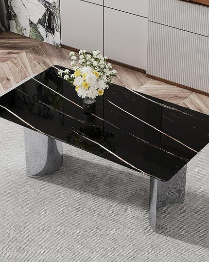 NicBex Modern Minimalist Dining Table Black Imitation Marble Glass Desktop is Equipped with Silver Metal Legs Suitable for Restaurants and Living Rooms, Black + Silver - LeafyLoom