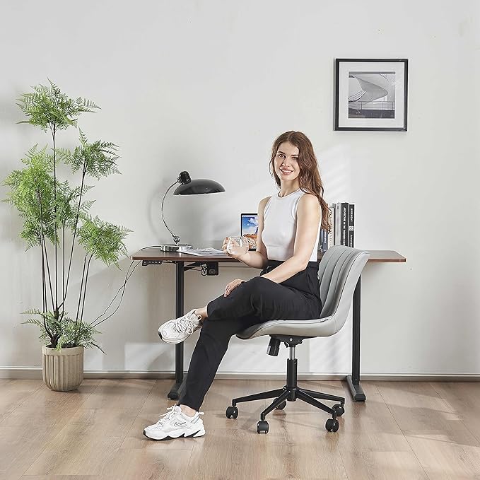YOUNIKE Armless Office Chair with Wheels Swivel Rolling Computer Chair, Upholstered Leather Desk Chair, Modern Adjustable Rolling Task Chair, Grey - LeafyLoom